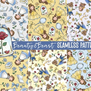 Op de afbeelding: Naadloze patronen met illustraties van Belle, het Beest, rozen, boeken en strikken. De patronen zijn in verschillende kleurenschema's, waaronder geel, blauw en wit. De tekst "Beauty & Beast SEAMLESS PATTERNS" is zichtbaar.