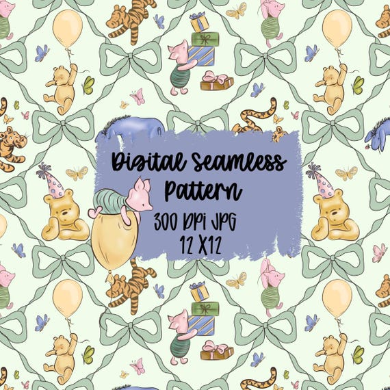 Winnie the Pooh Seamless Pattern, Balloon Bear Bow PNG, Digital Paper, Nursery Pattern, Sublimation Design