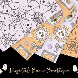 May include: A collection of Halloween-themed patterned papers. Designs include spiderwebs, cartoon skulls, pumpkins, and bows in pastel colors. The text "Digital Barn Boutique" is at the bottom of the image.