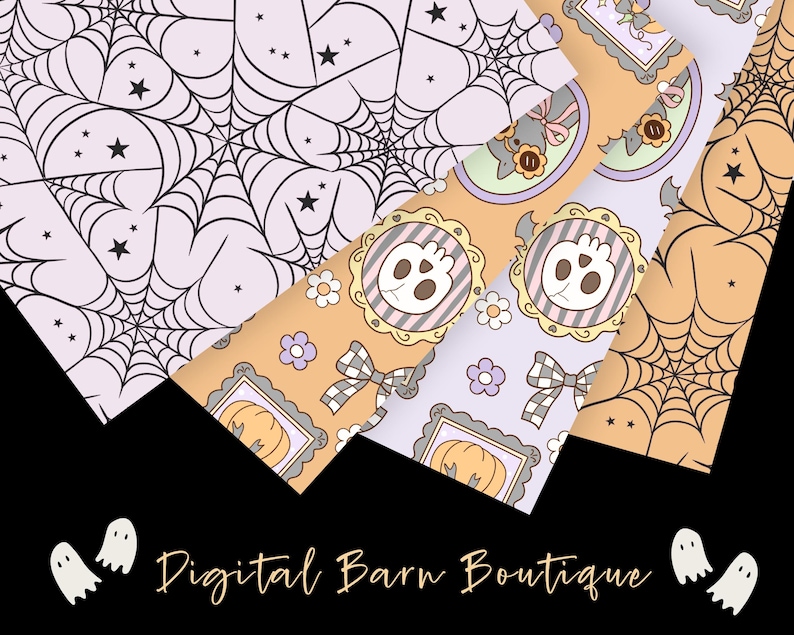 May include: A collection of Halloween-themed patterned papers. Designs include spiderwebs, cartoon skulls, pumpkins, and bows in pastel colors. The text "Digital Barn Boutique" is at the bottom of the image.