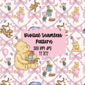 May include: Digital seamless pattern with Winnie the Pooh characters, pink bows, butterflies, and balloons on a white backdrop. The image includes text that reads "Digital Seamless Pattern 300 DPI JPG 12 X 12".