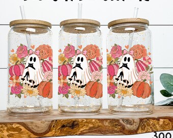 Girly Ghost & Cat Halloween PNG: Pink Floral Pumpkin Tumbler Wrap