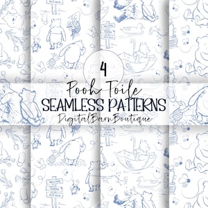 Può includere: Quattro motivi senza cuciture con Winnie the Pooh e i suoi amici in arte lineare blu su sfondo bianco. I motivi includono illustrazioni di Pooh, Pimpi, api e altri elementi. Il testo "Pooh Toile Seamless Patterns" e "DigitalBarnBoutique" è visibile.