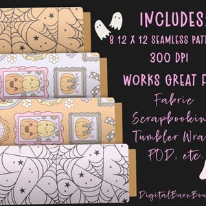 May include: A stack of patterned paper rolls with Halloween-themed designs. The patterns include spiderwebs, pumpkins, and floral elements. Text on the image reads "INCLUDES: 8 12 X 12 SEAMLESS PATTERNS 300 DPI WORKS GREAT FOR: Fabric Scrapbooking Tumbler Wraps POD, etc."