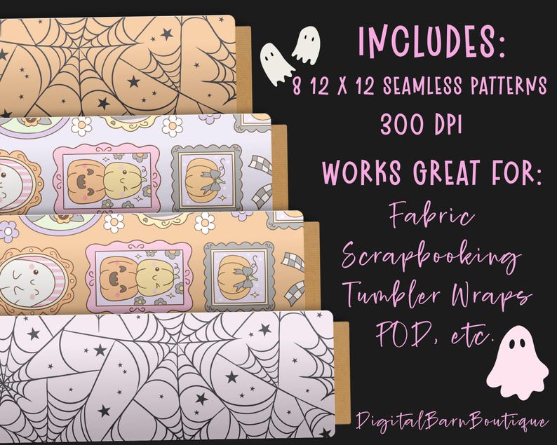 May include: A stack of patterned paper rolls with Halloween-themed designs. The patterns include spiderwebs, pumpkins, and floral elements. Text on the image reads "INCLUDES: 8 12 X 12 SEAMLESS PATTERNS 300 DPI WORKS GREAT FOR: Fabric Scrapbooking Tumbler Wraps POD, etc."