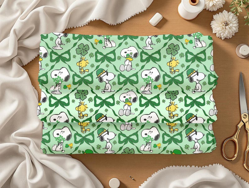 Snoopy St Patrick's Day Seamless Pattern, Clover Bow Fabric (digital ...
