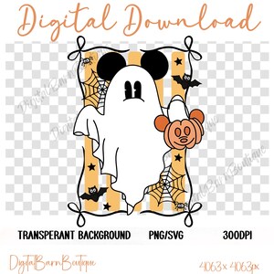 May include: A digital download graphic featuring a white ghost with Mickey Mouse ears holding a pumpkin. The design includes bats, spiders, and spiderwebs, set against a striped orange and yellow background. Text includes "Digital Download", "Transparent Background", "PNG/SVG", and "300DPI".