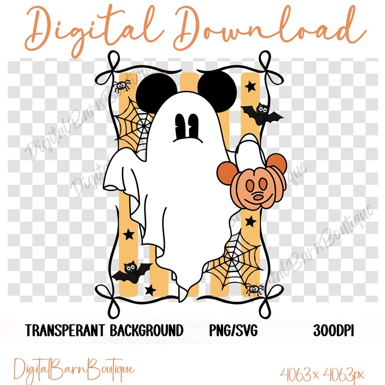 May include: A digital download graphic featuring a white ghost with Mickey Mouse ears holding a pumpkin. The design includes bats, spiders, and spiderwebs, set against a striped orange and yellow background. Text includes "Digital Download", "Transparent Background", "PNG/SVG", and "300DPI".