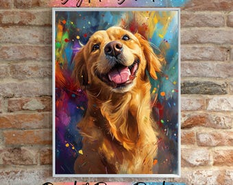 ゴールデンレトリバーの花のアートプリント：カラフルな犬の絵画