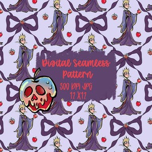 Op de afbeelding: Digitaal naadloos patroon met een herhalend ontwerp van een cartoonkoningin die een appel, strikken en vergiftigde appels vasthoudt op een lichtpaarse achtergrond. De tekst "Digital Seamless Pattern 300 DPI JPG 12 X12" is ook opgenomen.