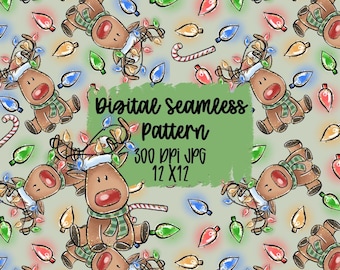 Christmas Reindeer Seamless Pattern, Holiday Pattern, Festive Lights Digital Paper