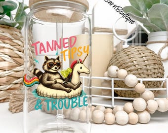 Funny Raccoon Pool Party PNG: Tanned, Tipsy & Trouble Sublimation Design