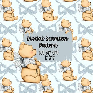 Puede incluir: Patrón repetitivo con osos de peluche de dibujos animados que llevan camisas a rayas y lazos, sosteniendo pequeñas flores. Los osos se colocan sobre un fondo azul claro con formas de lazo repetidas. Se incluye el texto "Digital Seamless Pattern 300 DPI JPG 12 X 12".