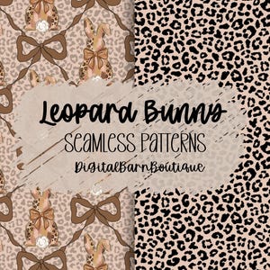Puede incluir: Dos patrones sin costuras. Uno presenta un diseño repetitivo de conejitos con cuerpos de estampado de leopardo y lazos, sobre un fondo rosa claro. El otro es un patrón de estampado de leopardo en negro y beige. El texto dice "Leopard Bunnies Seamless Patterns".