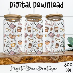 May include: Three clear glass tumblers with bamboo lids and straws, decorated with a pattern of books, coffee cups, eyeglasses, and flowers. The text "Digital Download" and "Digital Barn Boutique" are visible.