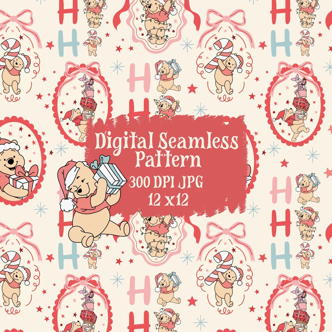 Christmas Pooh Bear Seamless Pattern, Holiday Digital Paper (JPG &