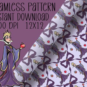 May include: A seamless pattern design with a cartoon illustration of a queen holding a red apple. The text reads "Seamless Pattern Instant Download 300 DPI 12x12". The pattern repeats the queen, apples, and bows on a light purple background.