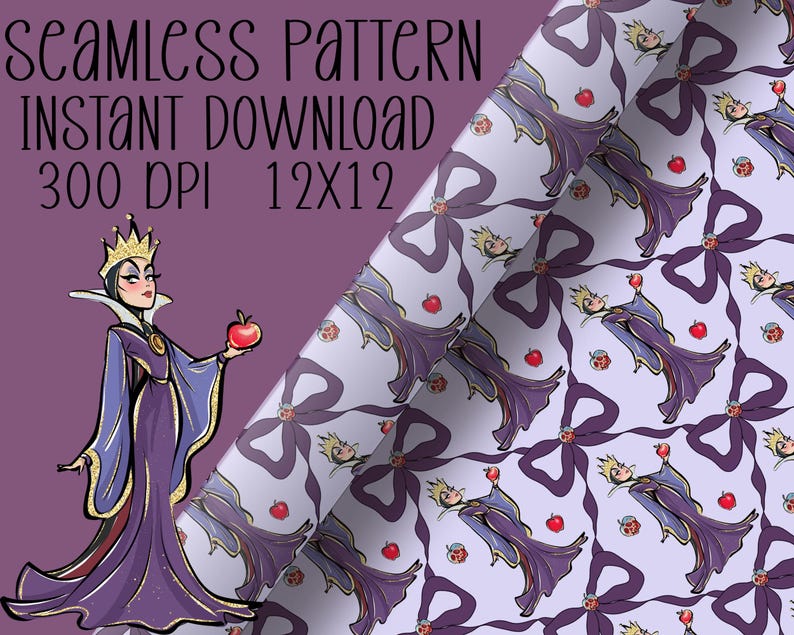 May include: A seamless pattern design with a cartoon illustration of a queen holding a red apple. The text reads "Seamless Pattern Instant Download 300 DPI 12x12". The pattern repeats the queen, apples, and bows on a light purple background.