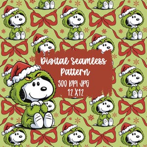 Op de afbeelding: Een digitaal naadloos patroon met een stripfiguur in een groen Grinch-achtig kostuum en kerstmuts, tegen een lichtgroene achtergrond met rode strikken en sneeuwvlokken. De afbeelding bevat de tekst "Digital Seamless Pattern 300 DPI JPG 12 X 12".
