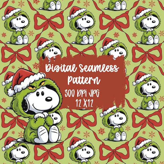 Snoopy Christmas Seamless PNG, Grinch Pattern, Holiday Bow Pattern, Festive Dog Digital Paper