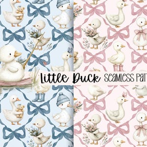Könnte beinhalten: Nahtlose Muster mit entzückenden Cartoon-Enten, einige halten Blumen oder Teddybären. Die Enten sind vor blau- und rosafarbenen Hintergründen mit bogenförmigen Gittermustern platziert. Der Text "little Duck SEAMLESS PATTERNS" ist ebenfalls sichtbar.