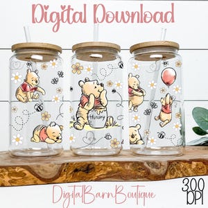 Emballage de gobelet PNG Winnie l'ourson, abeille florale et ballon miel ours Mug Wrap, téléchargement numérique pour tasse à café ou gobelet en verre/canette