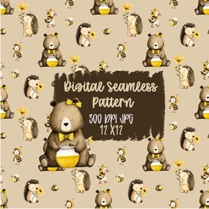 Op de afbeelding: Digitaal naadloos patroon met beren, egels en bijen. De beren houden honingpotten vast en de egels zonnebloemen. De bijen dragen bijenkostuums. De tekst op de afbeelding luidt "Digital Seamless Pattern 300 DPI JPG 12 X 12".