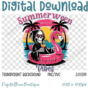 May include: Digital download graphic featuring a skeleton in a black robe and sunglasses, holding a cocktail while floating on a pink flamingo pool float. The image includes the text "Summerween Vibes" and palm trees.