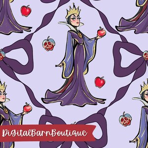 May include: A repeating pattern featuring a cartoon illustration of a queen in a purple gown and gold crown, holding a red apple. The design includes red apples and poison apples on a light purple background. The text "DigitalBarnBoutique" is at the bottom.