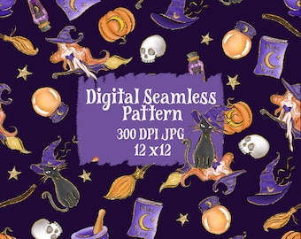 May include: A digital seamless pattern featuring Halloween-themed illustrations. The design includes witches on brooms, black cats, pumpkins, skulls, magic books, and potion bottles, all set against a dark purple background. The text "Digital Seamless Pattern" is included.