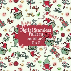 May include: Digital seamless pattern featuring a Grinch-like character in a Santa hat, candy canes, bows, and Christmas ornaments on a light green background. The text "Ho Ho Ho!" is scattered throughout the design. The pattern is 12 x 12 inches.