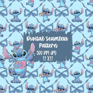 May include: Digital seamless pattern featuring the character Stitch from Lilo & Stitch. The design includes Stitch in various poses, bows, and the text "Digital Seamless Pattern 300 DPI JPG 12 X 12" on a light blue background. Suitable for craft projects.
