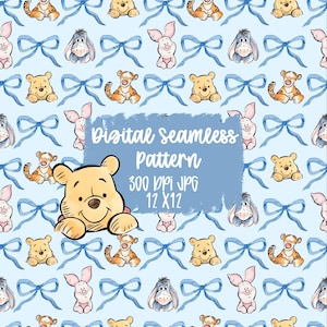 Puede incluir: Un patrón digital sin costuras con personajes de Winnie the Pooh, incluyendo Winnie the Pooh, Tigger, Eeyore y Piglet, junto con lazos azules sobre un fondo azul claro. El patrón incluye el texto "Digital Seamless Pattern 300 DPI JPG 12 X 12".
