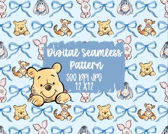 Pooh and Friends Seamless Pattern PNG, Pastel Nursery Digital Paper, Baby Blue Bow Pattern