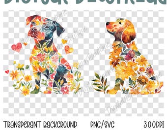 May include: Digital download featuring two watercolor dog illustrations. One dog is black and blue with floral accents, the other is golden with yellow and orange flowers. The words "Digital Download" are at the top.