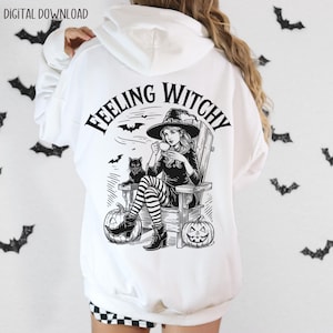 Gefühl Witchy PNG & SVG, Vintage Halloween-Hexe mit Kaffee Clipart, Sublimationsdesign der gruseligen Saison, Witchy Sublimation, Hexe PNG