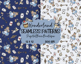 Alice in Wonderland Seamless Pattern: Light & Navy Digital Paper (PNG, JPG)