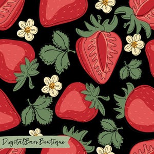 Strawberry Seamless Pattern PNG | Cute Strawberry Digital Paper | Fruit Floral Background | Transparent Background Download