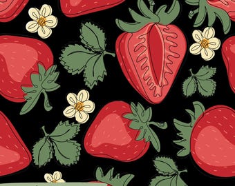 Strawberry Floral Seamless Pattern | Black Background (PNG & JPG)
