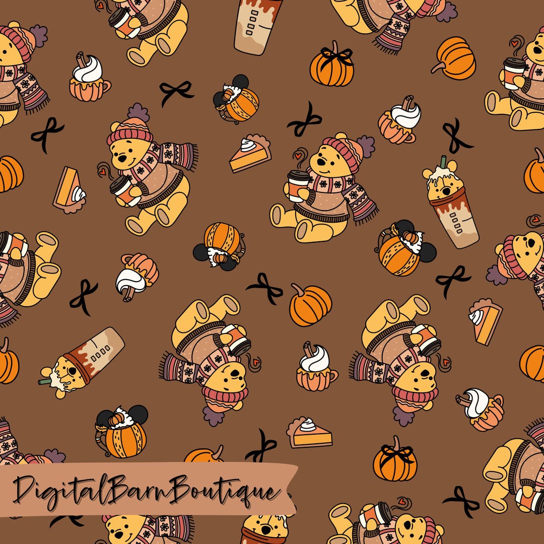 Cozy Pooh Bear Pumpkin Pattern Autumn Digital Paper Bundle (digital