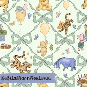 May include: A repeating pattern featuring Winnie the Pooh characters, including Pooh, Piglet, Tigger, and Eeyore, with balloons, butterflies, and bows on a light green background. The text "DigitalBarnBoutique" is at the bottom.