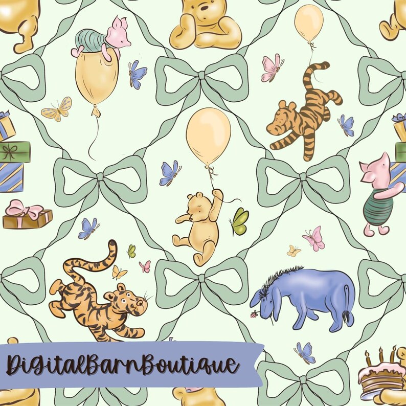 May include: A repeating pattern featuring Winnie the Pooh characters, including Pooh, Piglet, Tigger, and Eeyore, with balloons, butterflies, and bows on a light green background. The text "DigitalBarnBoutique" is at the bottom.