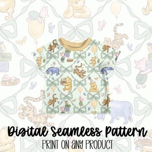 May include: A short-sleeved t-shirt with a light green background featuring a repeating pattern of Winnie the Pooh characters, bows, and balloons. The shirt has a tan neckline and the text "Digital Seamless Pattern Print on Any Product" at the bottom.