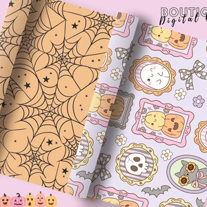 May include: Two rolls of Halloween-themed wrapping paper. One features a black spiderweb pattern on a tan background. The other has a repeating pattern of framed pumpkins, ghosts, skulls, and cats on a lavender background. The text "BOUTIQUE Digital Barn" is in the upper right corner.
