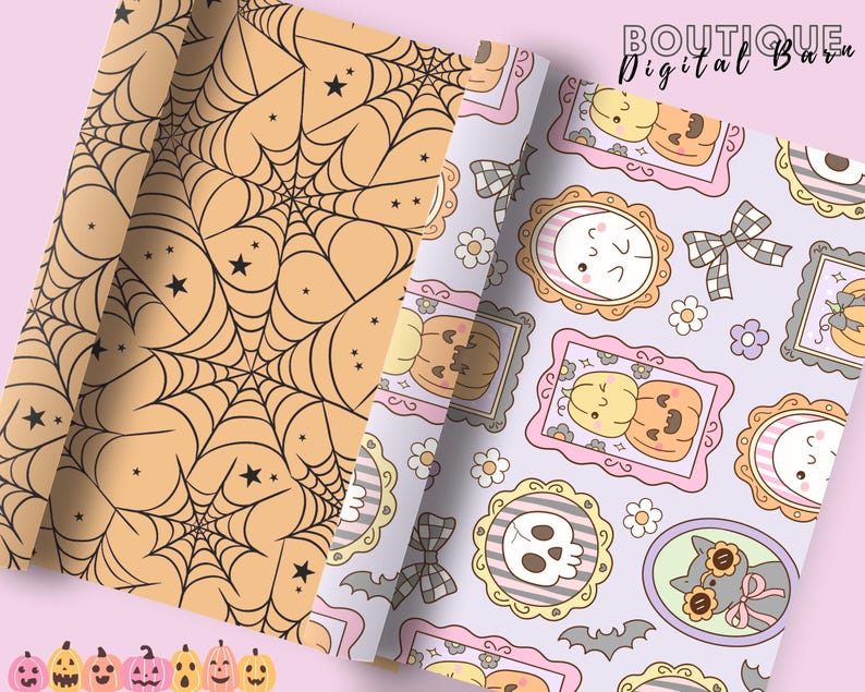 May include: Two rolls of Halloween-themed wrapping paper. One features a black spiderweb pattern on a tan background. The other has a repeating pattern of framed pumpkins, ghosts, skulls, and cats on a lavender background. The text "BOUTIQUE Digital Barn" is in the upper right corner.