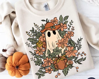 Floral Pumpkin Ghost Clipart: Spooky Autumn PNG SVG (Digital Download)