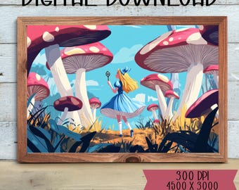 Alice im Wunderland Print: Wunderliches Mädchen mit Schlüssel im Pilzwald (Digital Download)