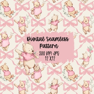 Peut inclure: Motif numérique sans couture avec un ours de dessin animé en chemise et chapeau roses, et des nœuds roses sur fond crème. Le texte "Digital Seamless Pattern" est affiché dans un rectangle rose, avec la résolution et les dimensions.