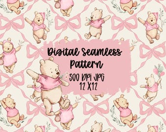 Pooh Bear Seamless Pattern, Pink Winnie the Pooh Repeat, Bow Teddy Bear Nursery Digital Paper, Baby Pooh Pattern