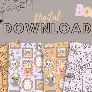 May include: Digital download featuring Halloween-themed patterns. The design includes spiderwebs, pumpkins, ghosts, and skulls in frames. The word "Boo!" is in pink and yellow, and the words "Digital Download" are also present.
